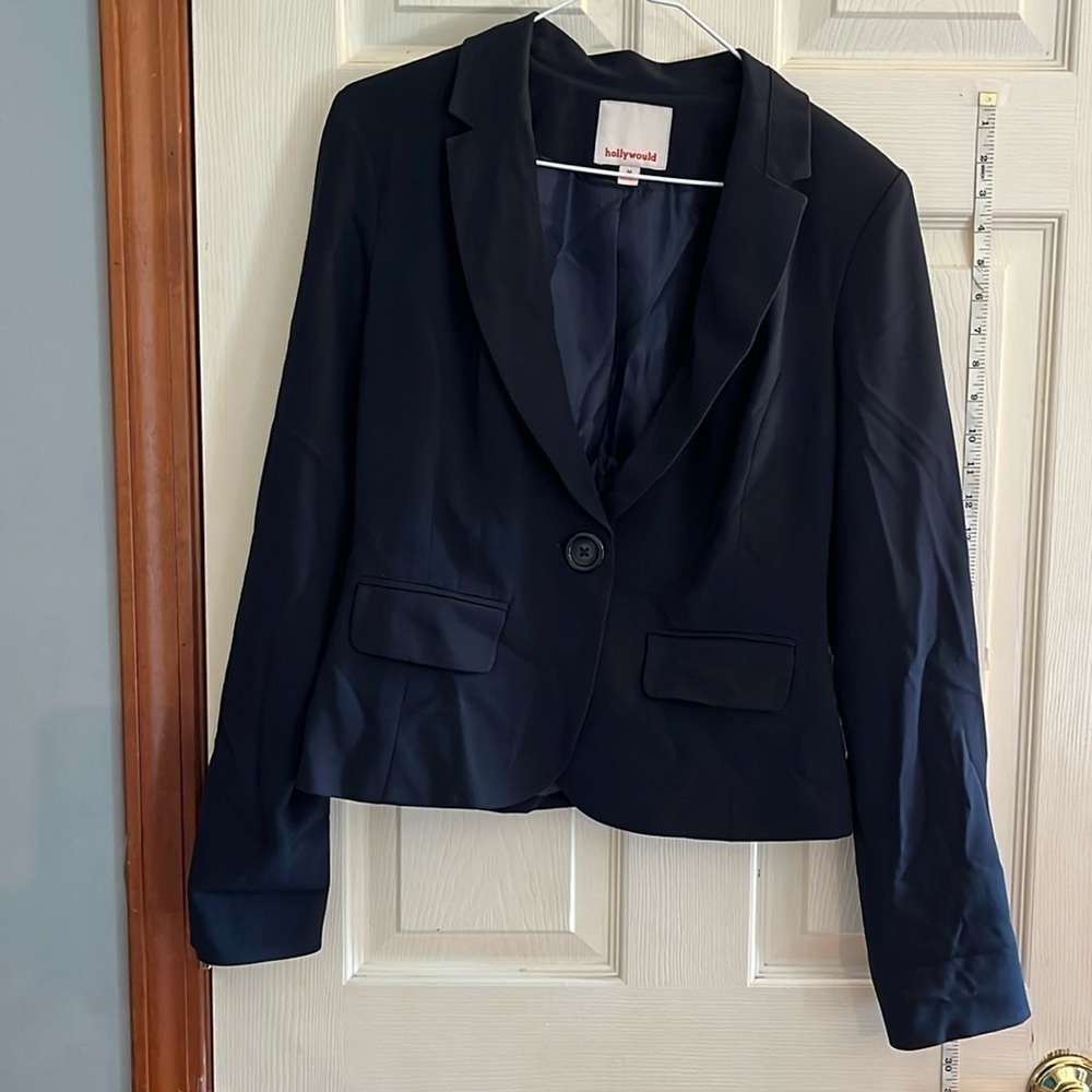 Hollywould-M-navy blue-lined, long sleeve, single button to close, blazer/jacket